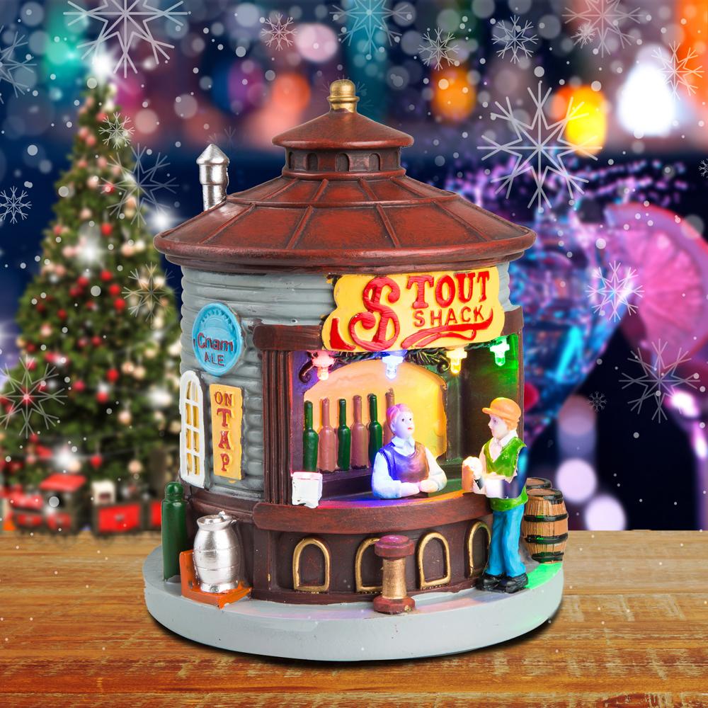 LED Christmas Village Collection Accessory Figurines, Stout Shack Lit House, Illuminated Xmas Market Scene Decorations for Home