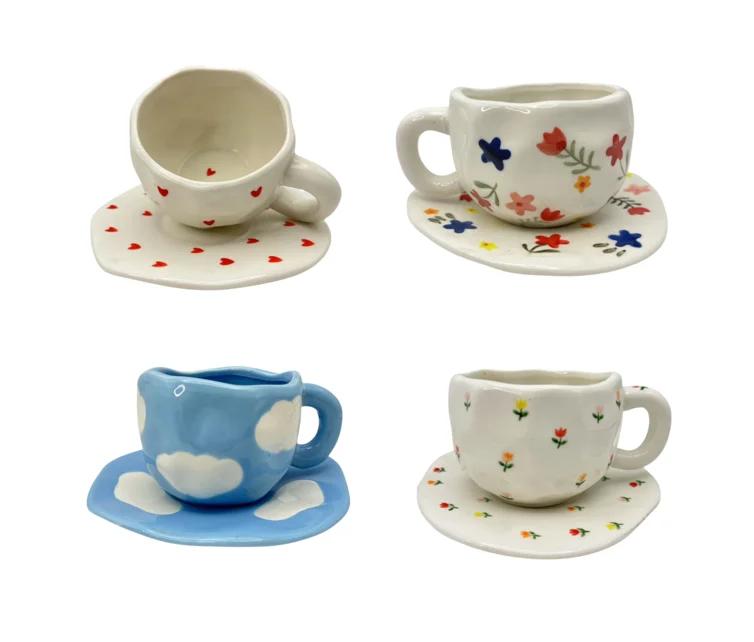 Hot Sale Manufacturer Hand-Painted Ceramic Cup Ceramic Coffee Cup Set Irregular Cup with Plate