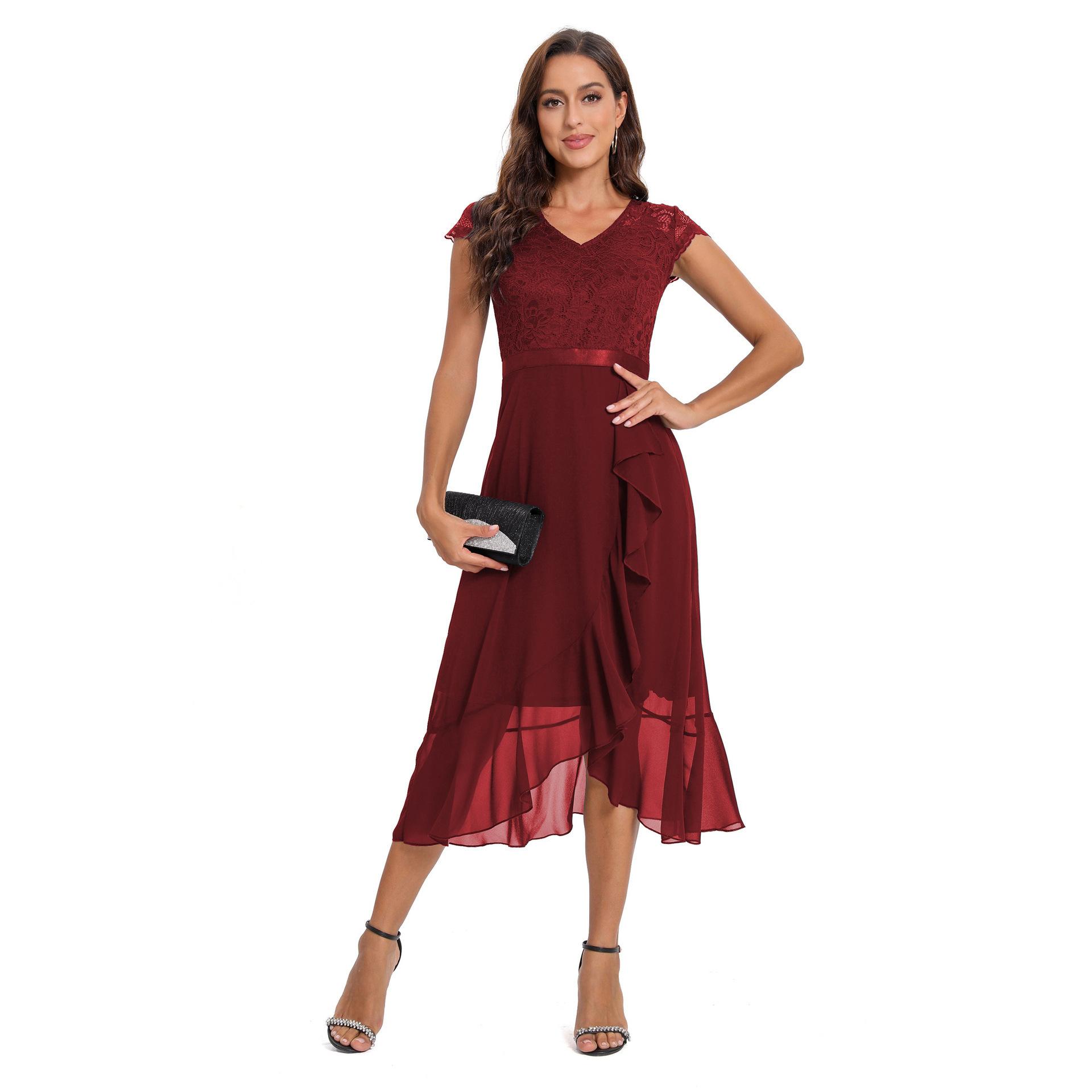 

V-neck Short Sleeved Front Slit Ruffle Edge Dress XXL бордовый