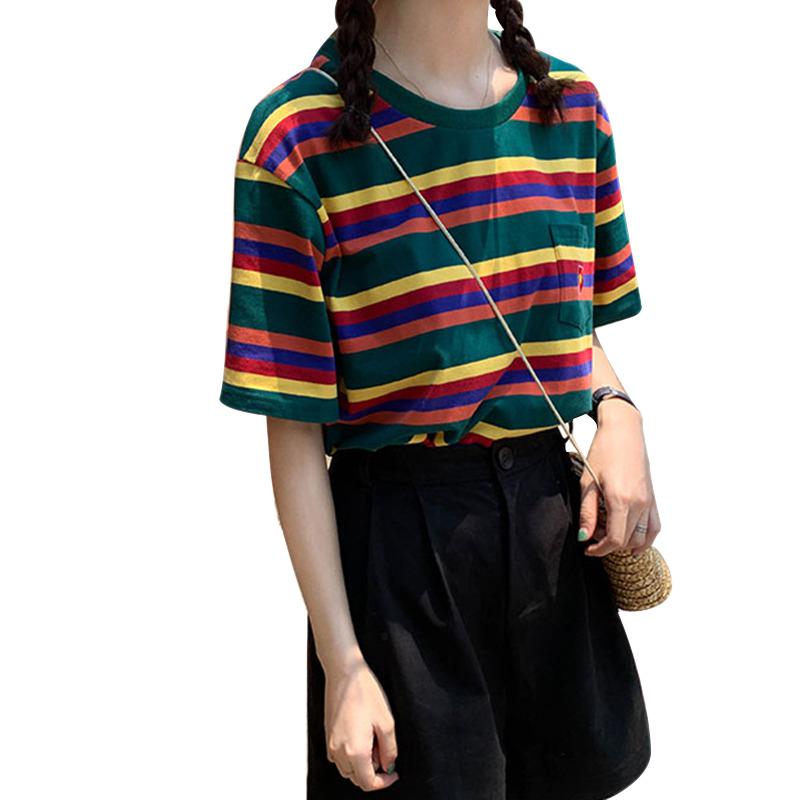 Women's Fashion Summer Casual T Shirt Short Sleeve O-Neck Rainbow Striped Flower Loose Tee