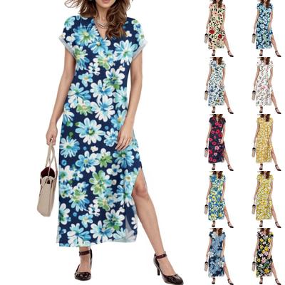 Damen Maxikleid mit Blumenmuster, lässig, V-Ausschnitt, langes Hemdkleid, lockerer Schlitz, Urlaubskleid mit kurzen Ärmeln