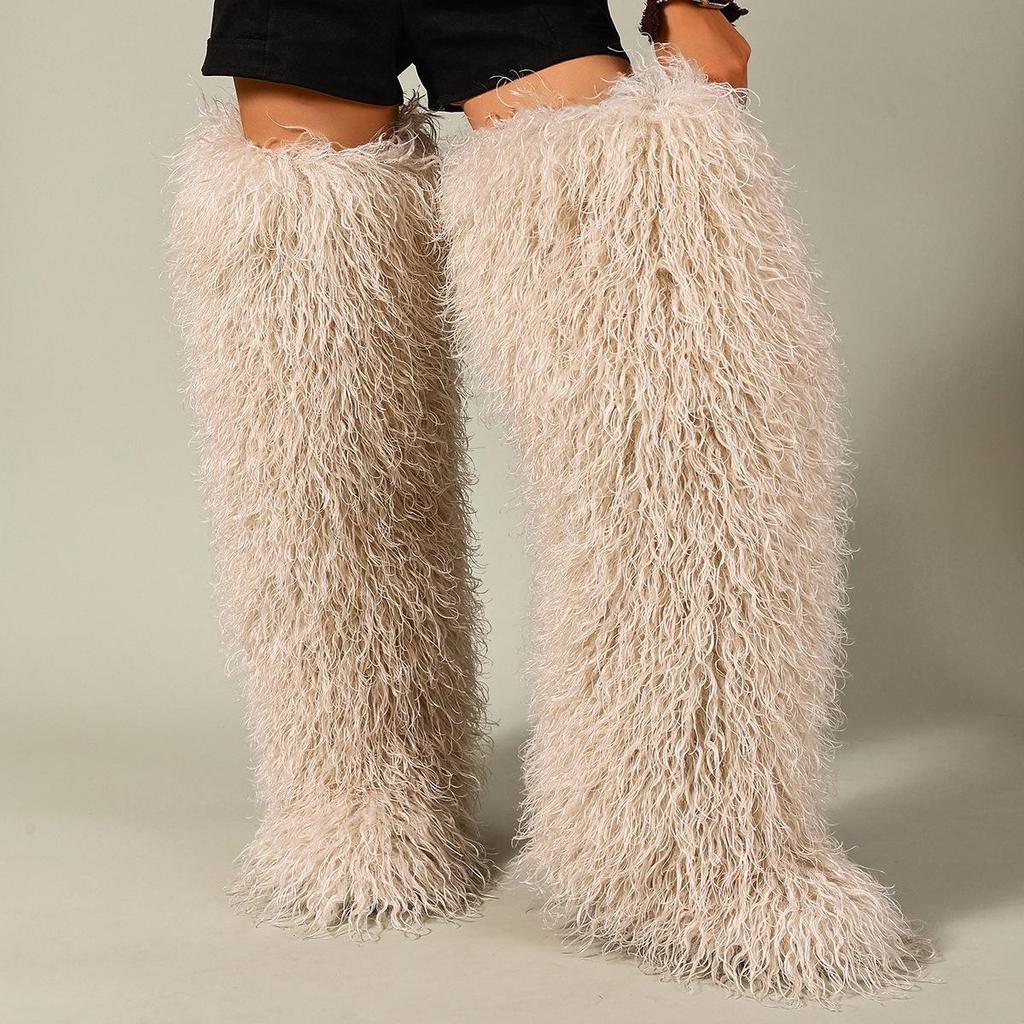 European-American 72cm Faux Tibetan Sheep Fur Thigh-High Snow Boots for Autumn & Winter