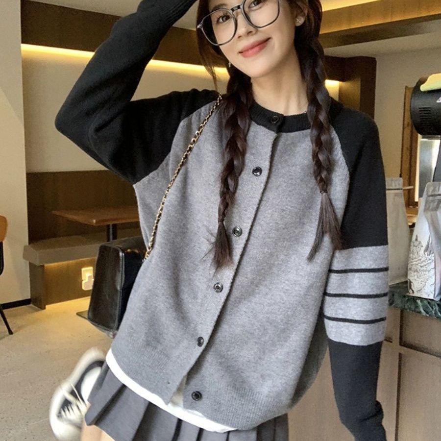 Women's Retro Color Block Knitted Cardigan - Autumn/Winter Slim Fit, Long-Sleeve Sweater