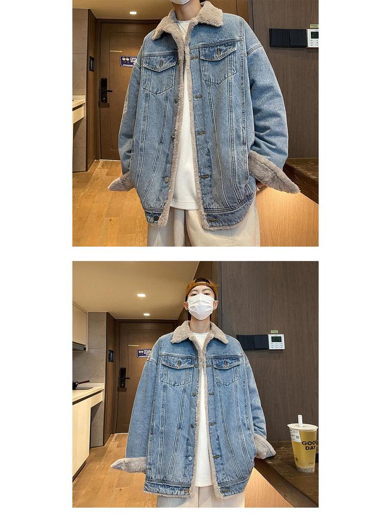 Men's Winter Denim Cotton Jacket with Velvet, American Style, High Street Look, Thick and Loose Fit