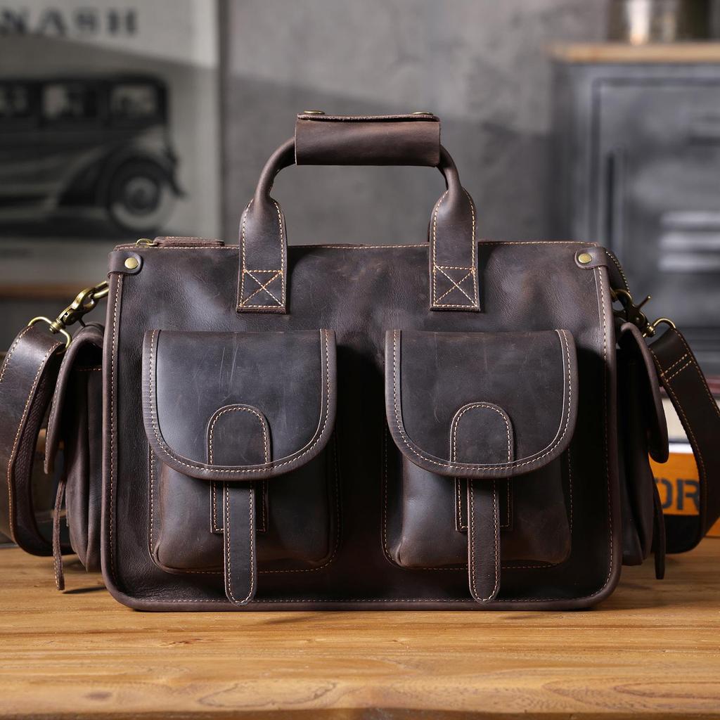 Men's Genuine Leather Crazy Horse Briefcase & Messenger Laptop Bag