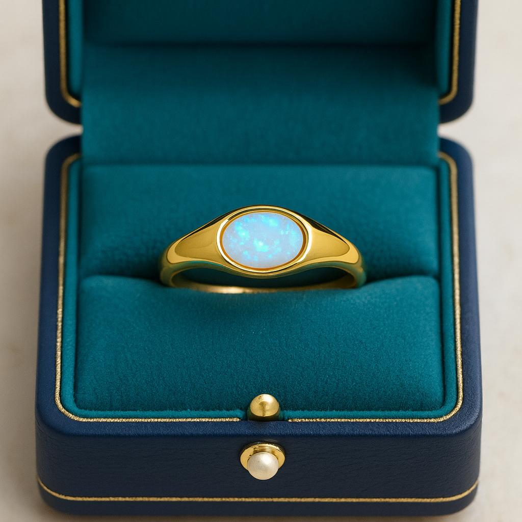 Natural Opal Ring For Him – 925 Sterling Silver Chunky Signet Ring, Yellow Gold Plated Vermeil, Handmade October Birthstone Ring
