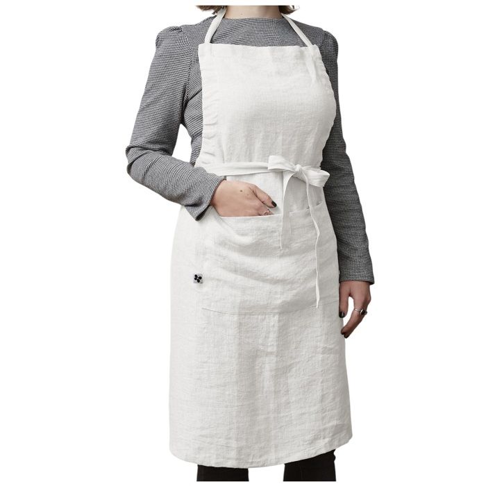 Tablier Ajustable - SOLINE - 70 X 85 Cm - 100% Lin Lavé - Blanc - Poche Pratique