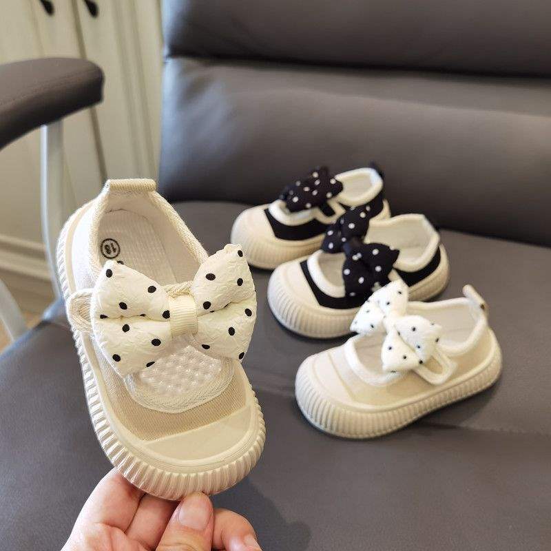 Spring and Autumn Baby Square Mouth Canvas Shoes Polka Dot Bow Girls' Children's Shoes Toddler Shoes Soft Sole Princess Shoes Anti-kick