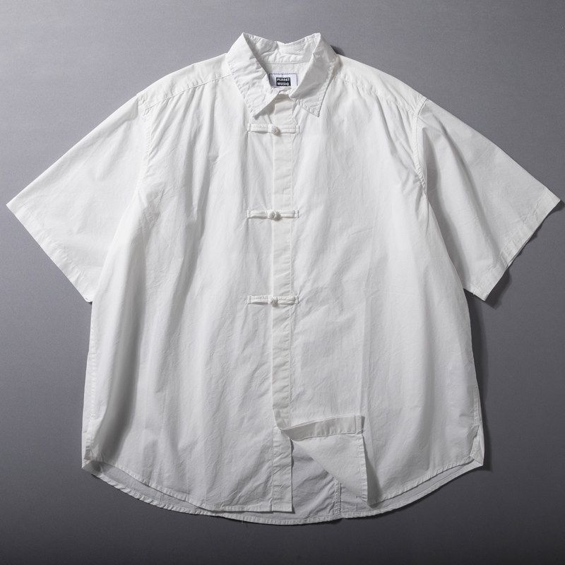 New Chinese-Style Shirt for Men, Summer New Model, Tang Suit, National Style, Pure Cotton Top, Trendy Loose Casual Short-Sleeve Shirt Rice White M