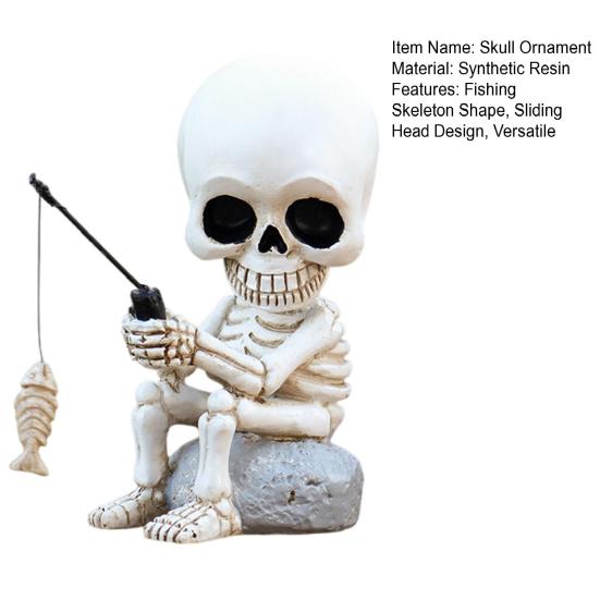 Shaking Head Fishing Skull Resin Mini Skeleton Fisher Sculpture Halloween Gothic Decor Garden Pond Fountain Decor