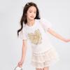 Girls' Rhinestone Bow Print Short Sleeve T-shirt