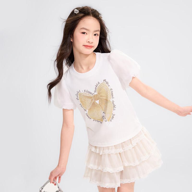 Girls' Rhinestone Bow Print Short Sleeve T-shirt