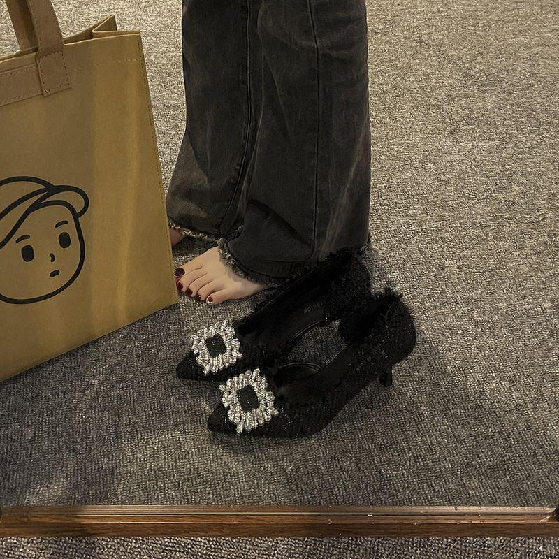 White Moonlight High Heels Thin Heels 2025 White Wedding Shoes Small Fragrant Style Pointed Square Buckle Rhinestone Temperament French Single Shoes W