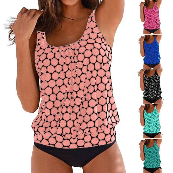 2 Adet/Set Kadın Tankini Set U Yaka Kolsuz Puantiyeli Üstler Yan Büzgülü Yüzme Şortu Seti Hızlı Kuruyan Mayo
