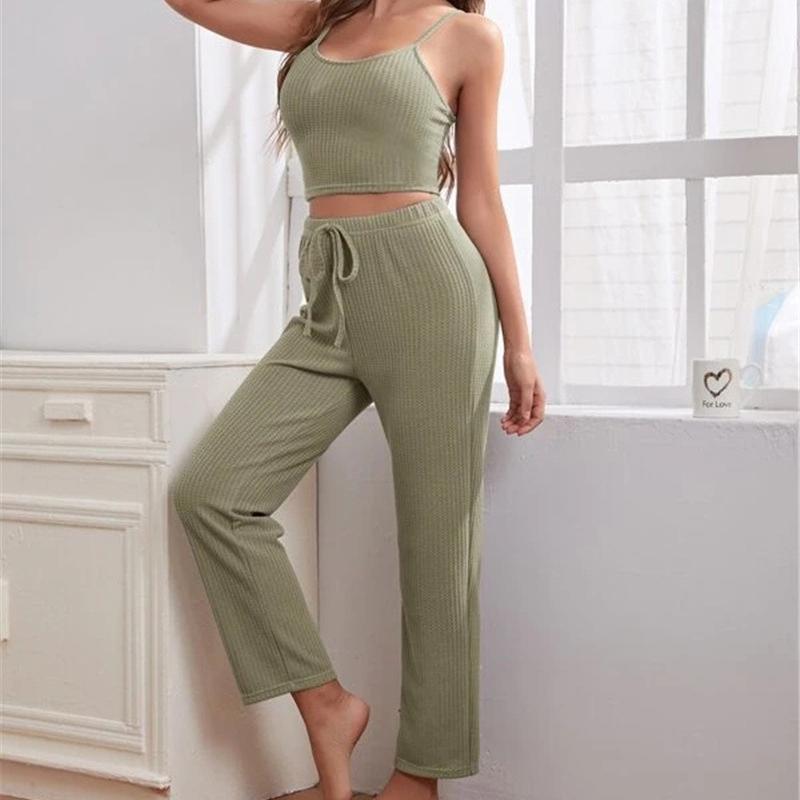 Damenmode-Heimkleidung, Waffelstrick-Trägeroberteil, Hose, Robe, Pyjama, dreiteiliger Anzug