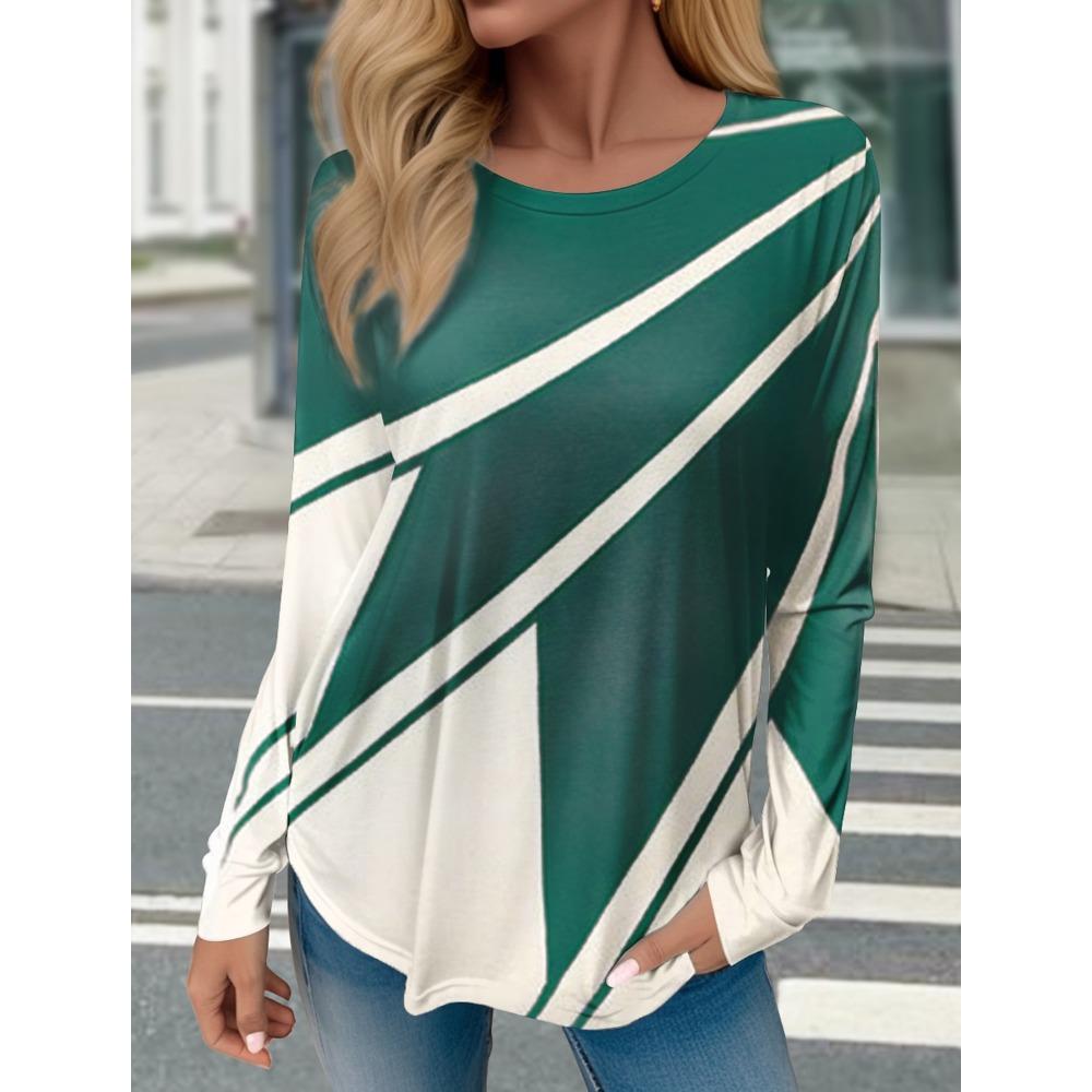 Fashion women's T-shirt 3D color blocked pattern long sleeved shirt