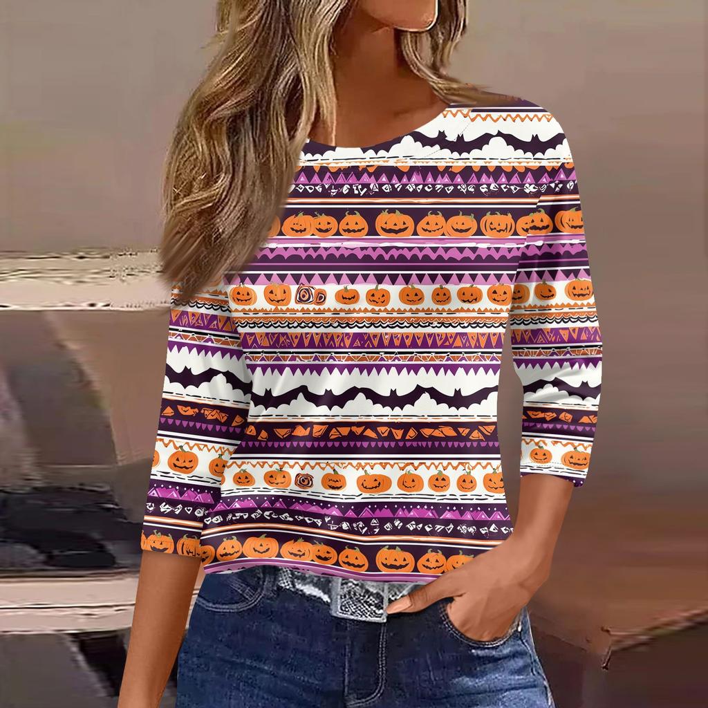 Women's 3/4 Sleeve Loose Fit Casual Shirt Round Neck Halloween Print Top Comfortable Lightweight Fabric Suitable for Everyday Wear