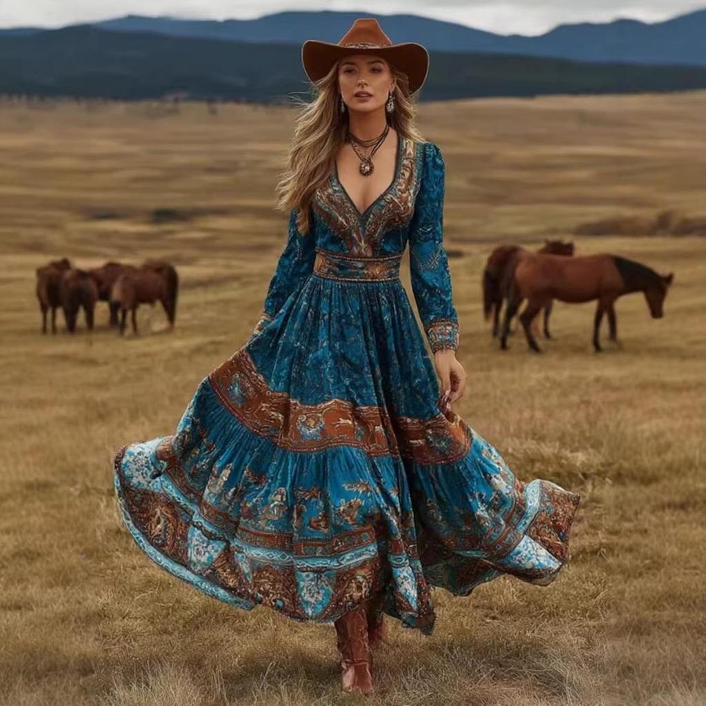 2026 Women's Spring/Summer V-Neck Long Sleeve Dress with Creative Pattern Background