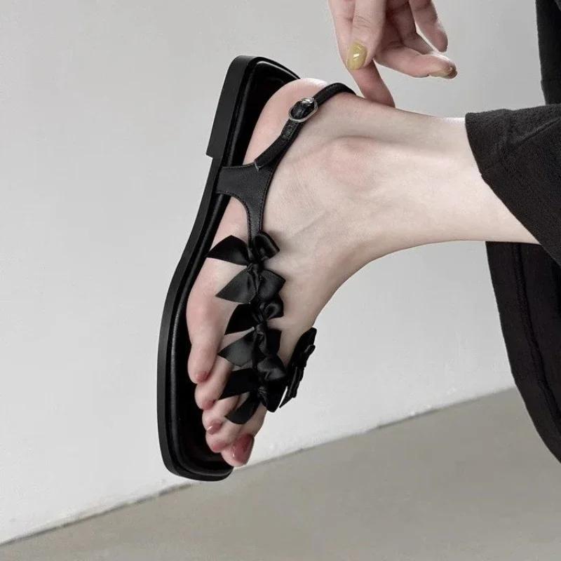 Fashion New Sweet Fashion Women Clip-toe Sandals Summer Non-slip Ladies Flat Shoes Black White Women's Causal Bowknot Slippers Elegant