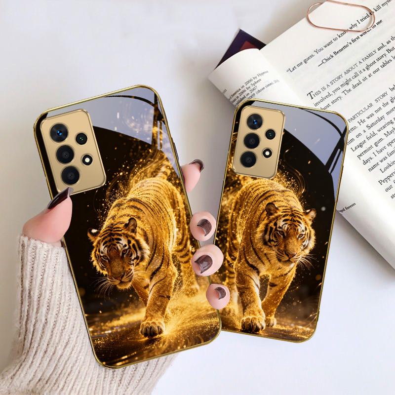The Tiger of Strength For Samsung A 01 52S A04 A05S A10 A12 A13 22 23 24 36 42 M02 Note 10 20Ultra 8 9 Golden Glass Phone Case