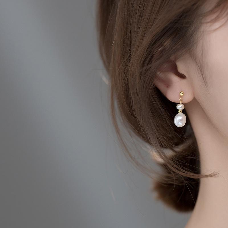 Hot Sell Simple Design 100% Baroque Freshwater Pearl 14K Gold Filled Female Tassels Stud Earrings  Not Allergic