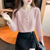 V-neck Lace Chiffon Top Spring Autumn New Loose Women's Clothing Solid Color Long Sleeve Bottoming Shirt