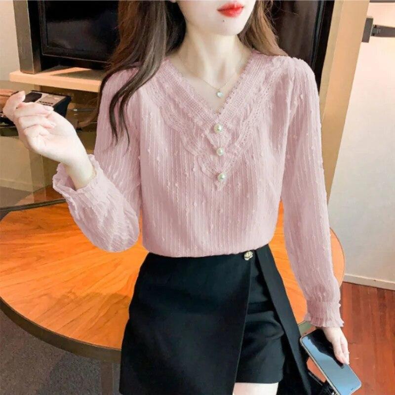 V-neck Lace Chiffon Top Spring Autumn New Loose Women's Clothing Solid Color Long Sleeve Bottoming Shirt
