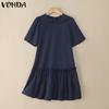 VONDA Elegant Women Casual Lapel Neck Short Sleeve Solid Color Ruffled Dress