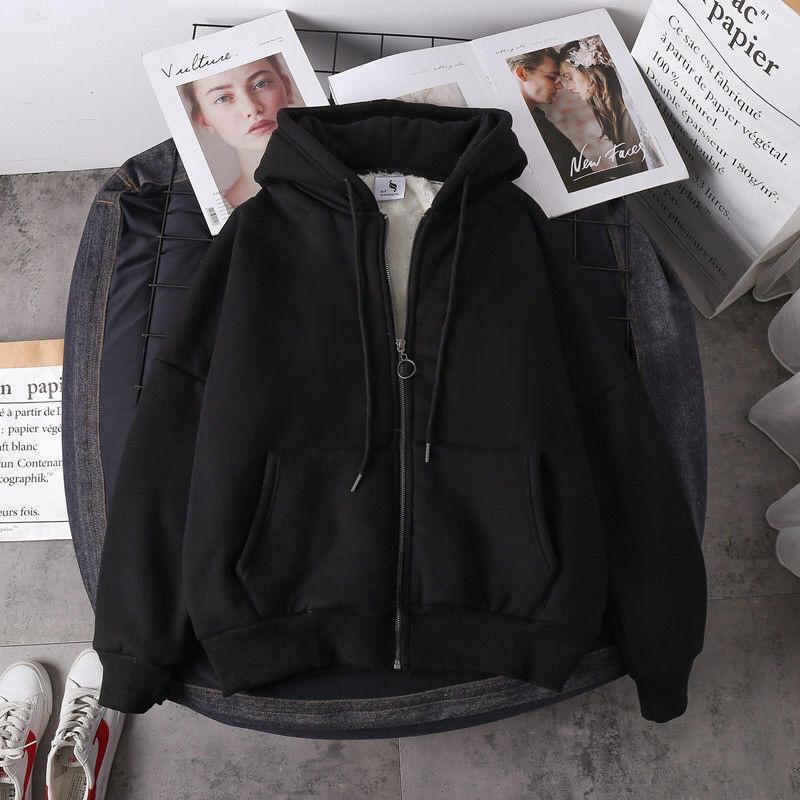 Spot Women's Coat Plush Jacket Solid Color Plus Velvet Thick Warm Winter Hoodie Coat Zipper Sweatshirt Top Winter Large Size