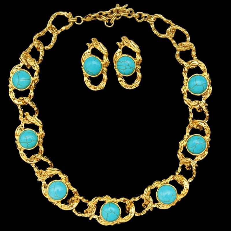 

Vintage Western Lava Texture Heavy Industry Versatile Tiger Stone Turquoise Necklace Earnail Set