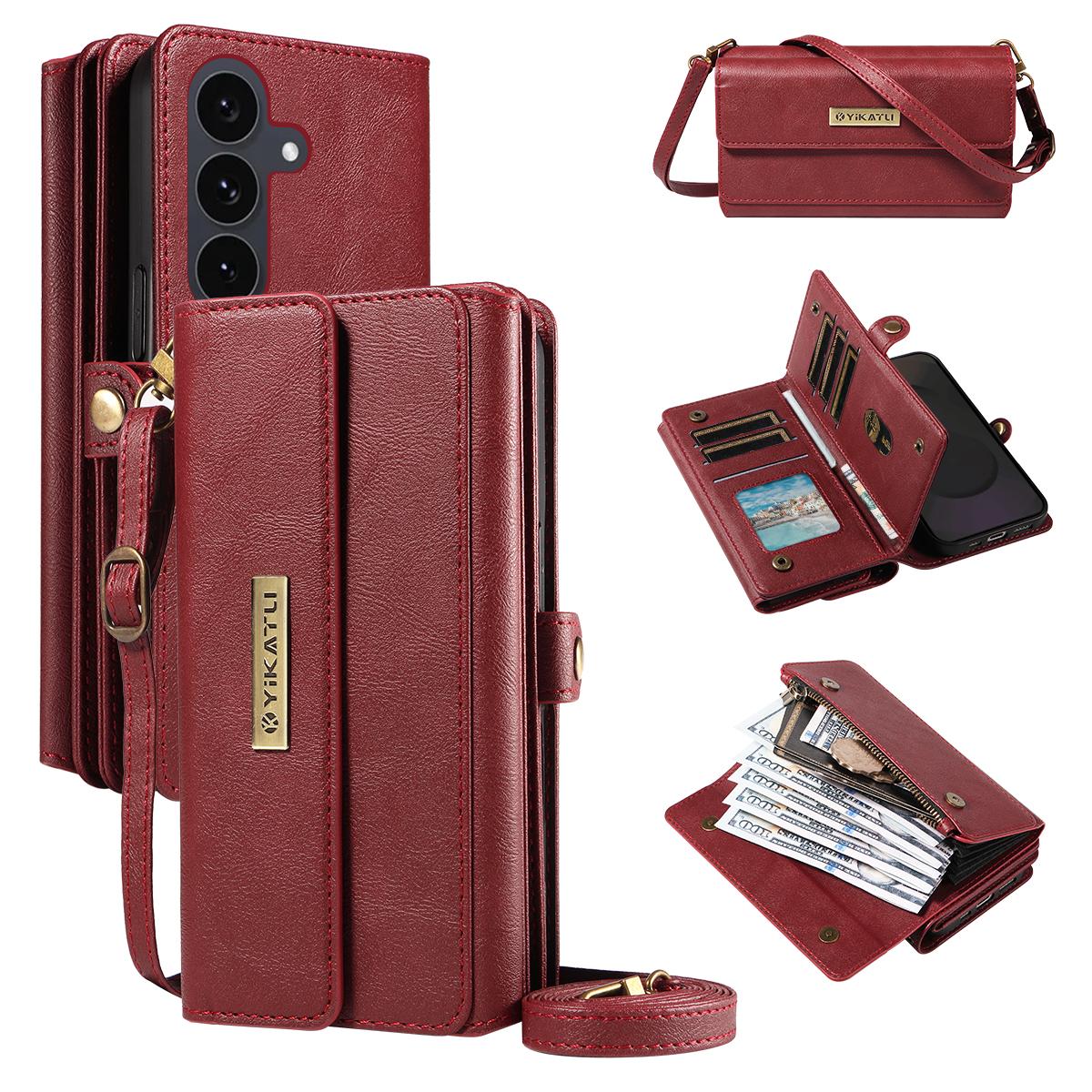 

For Samsung Galaxy S25 FE Case YIKATU YK-008 Zipper Wallet Leather Phone Cover with Shoulder Strap Red