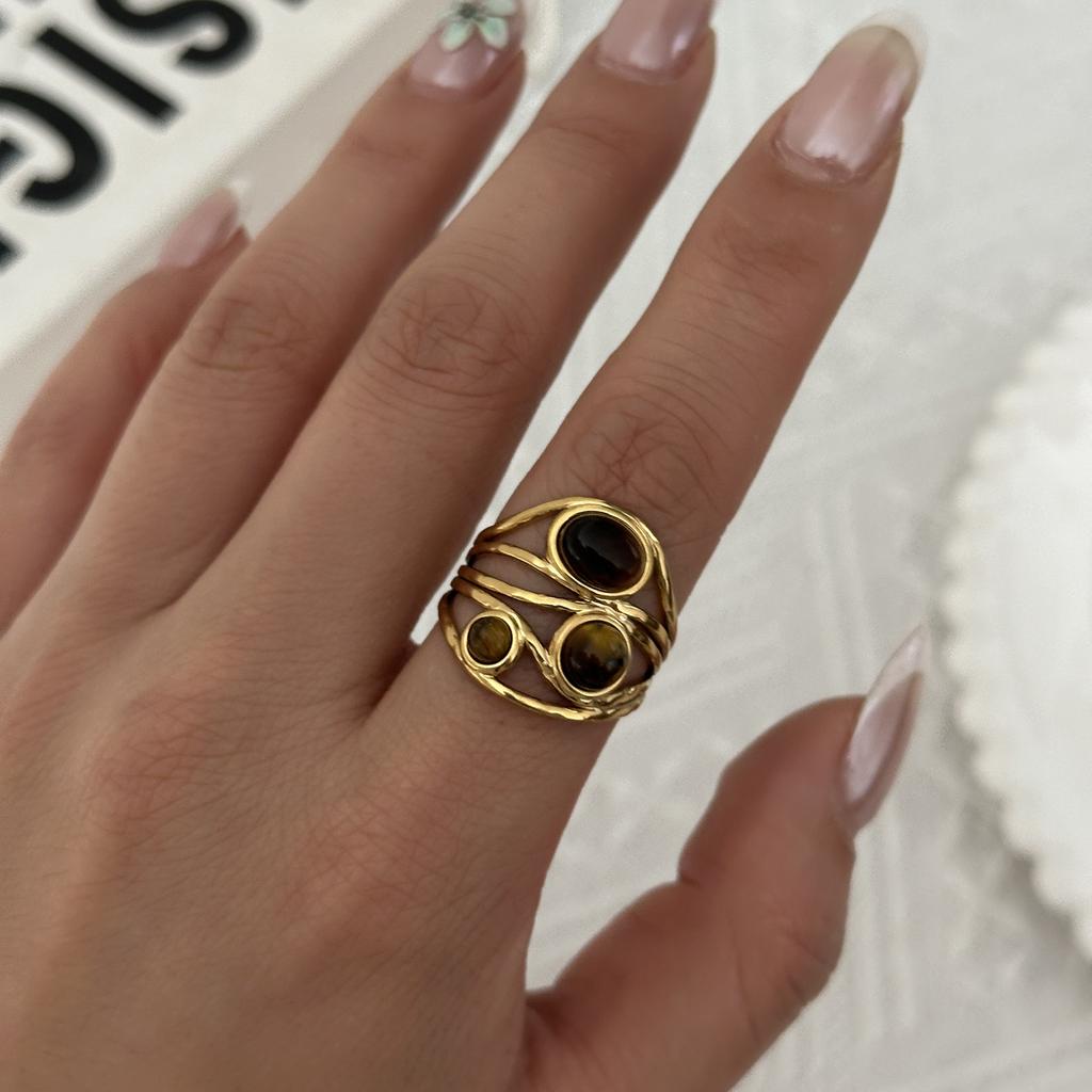 Vintage Boho Turquoise Tiger Eye Stone Rings For Women Stainless Steel Natural Stone Open Finger Ring Party Aesthetic Jewelry