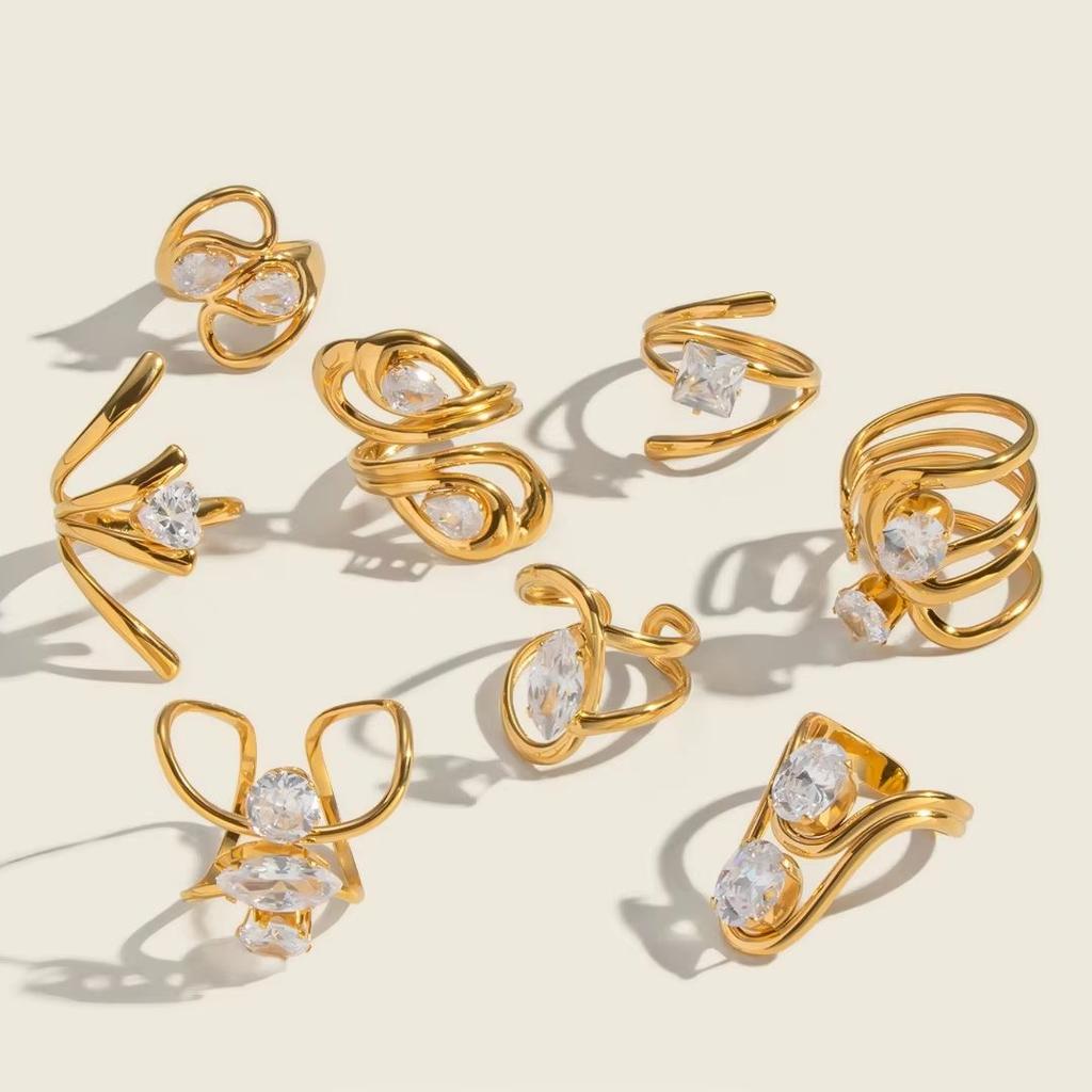 Yori Simple Line Design Open Ring for Women Golden Plated Cubic Zirconia Stainless Steel Finger Jewelry New Arrivals