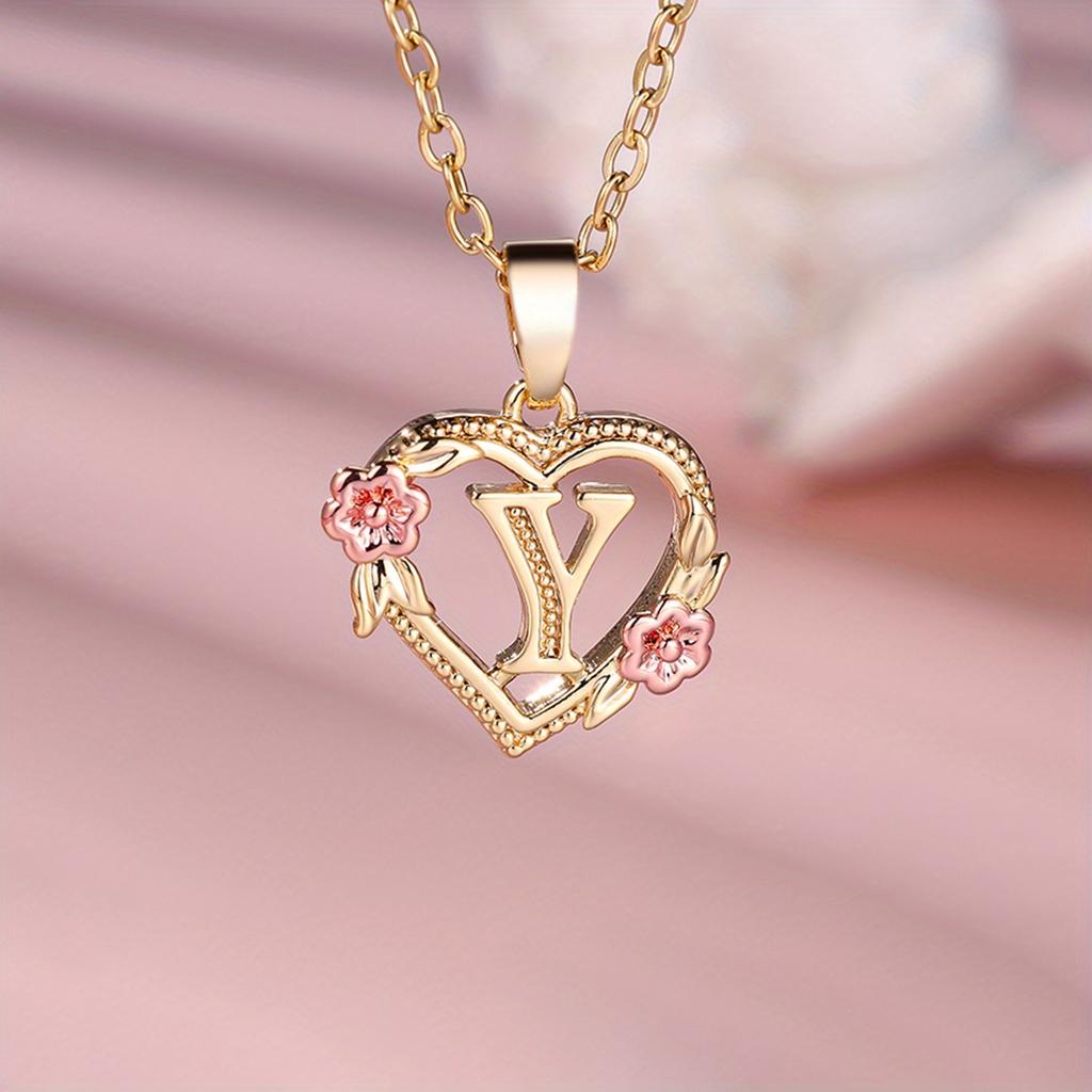 1 Pc Golden Color 26 English Letter Heart Necklace Rose Flower Pendant Wedding Band Jewelry Valentine's Day Gift