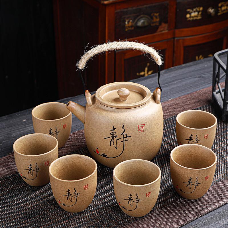 Hrubá keramika, Pálení palivového dříví, Konvice se zvedacím trámem, Konvice na čaj, Čajová sada, Japonská ručně vyráběná retro keramická velká nádoba, Velký šálek, Kompletní sada