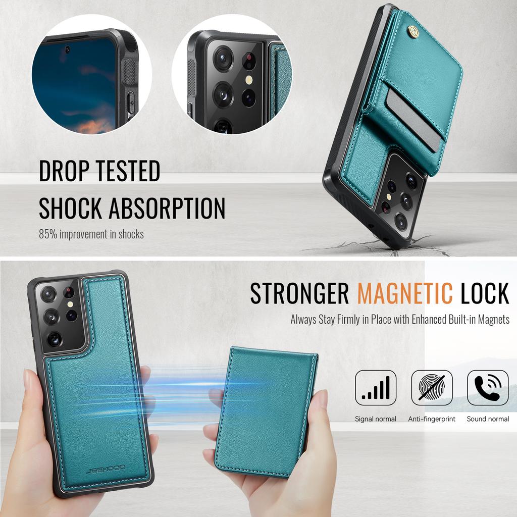 För Samsung Galaxy S21 Ultra 5G Läder Baksida Kompatibel med MagSafe JEEHOOD J06 Mobilskal med Kortfack RFID-blockering