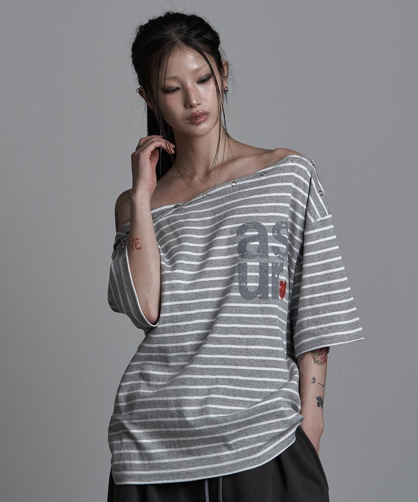 Aejeuyua Striped Off-Shoulder T-Shirt Gray