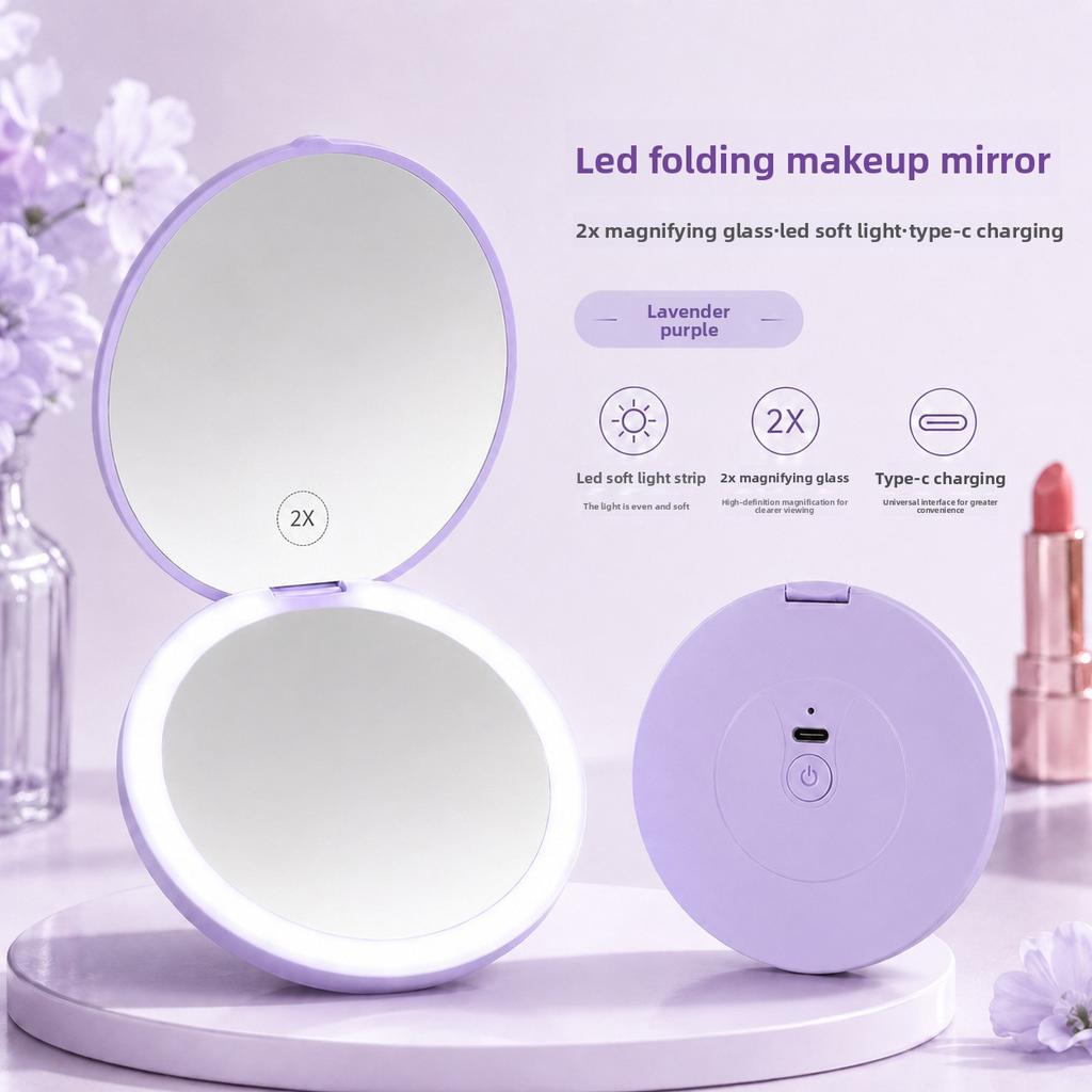LED Foldable Makeup Mirror 2X Magnification USB Type-C Rechargeable Compact Mirror with Light Portable Travel Cosmetic Mirror for Women