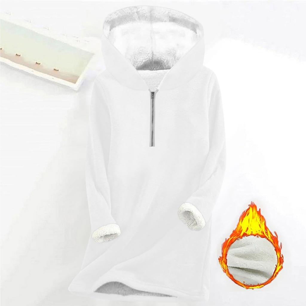Fashionable women's fleece hooded solid color zipper long-sleeved top