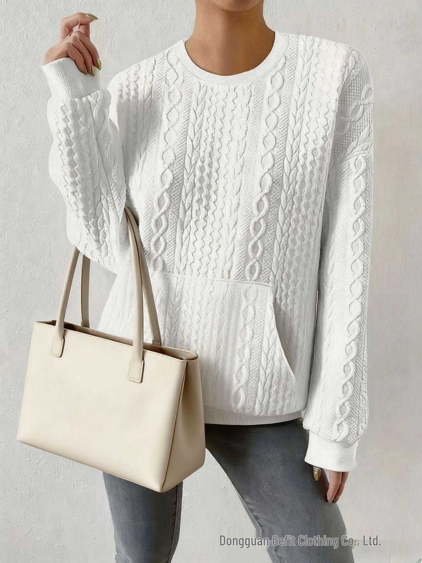

Autumn/Winter Loose Cable Knit Pullover Sweater - Round Neck Casual Top L белый