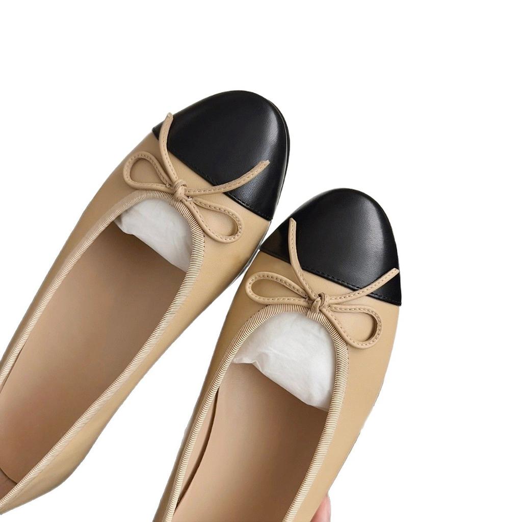 Cowhide version~ Xiaoxiangfeng bow color matching light mouth single shoes women's 2025 new flat bottom round head grandma shoes ladyshoes