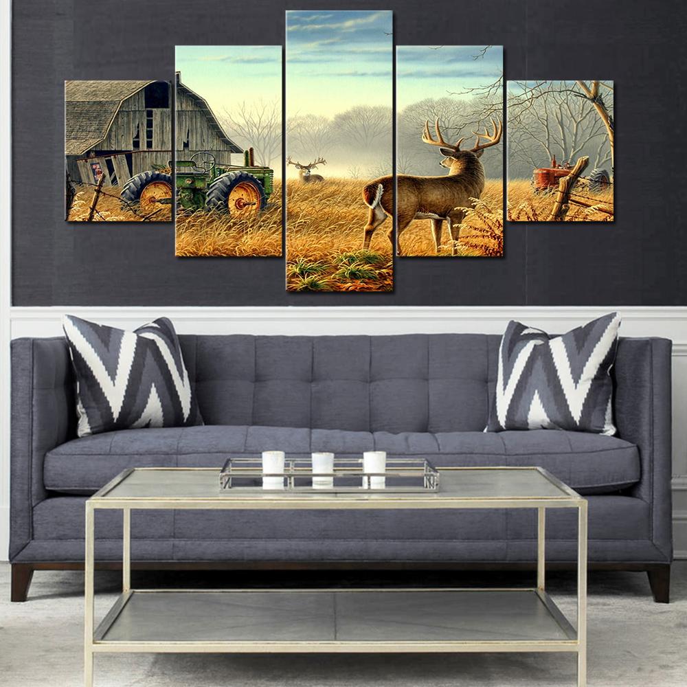 Leinwandbilder Wohnzimmer Wandkunst HD-Drucke 5 Teile Tier Weißwedelhirsche Poster Heimdekoration Bauernhaus Bilder