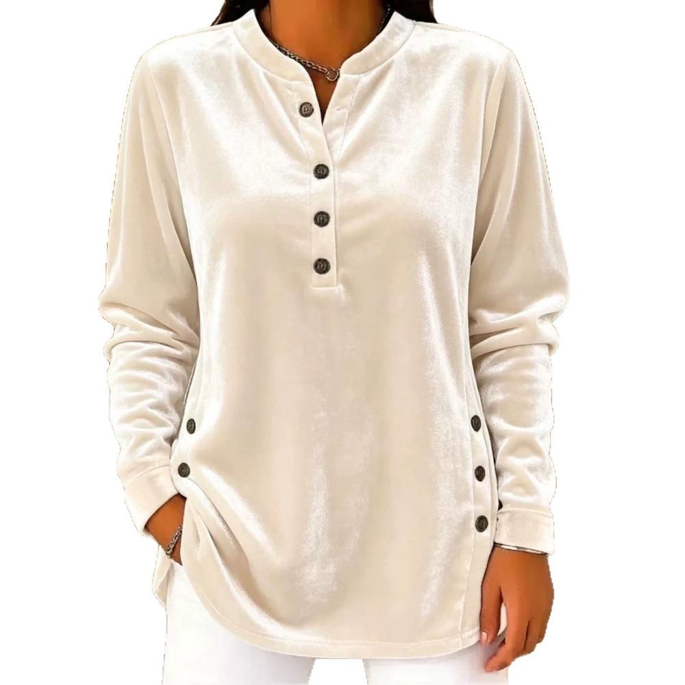 Autumn Winter New Women's Gold Velvet Top Casual Loose V-Neck Button Long Sleeve T-Shirt Velour Tee