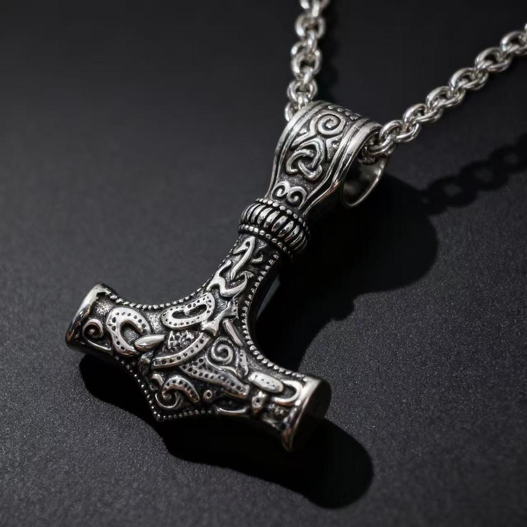 HNSP Nordic Odin Viking  Mjolnir Stainless Steel Pendant Necklace For Men Vintage Runes Thor Hammer  Accessories