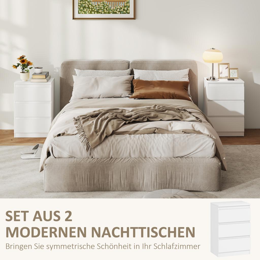 Set di 2 comodini, 3 cassetti, Design senza maniglie, Aspetto legno, Bianco