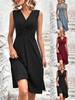Robe Midi Unie à Col en V, Taille Cintrée, Manches Courtes Plissées, pour Femme