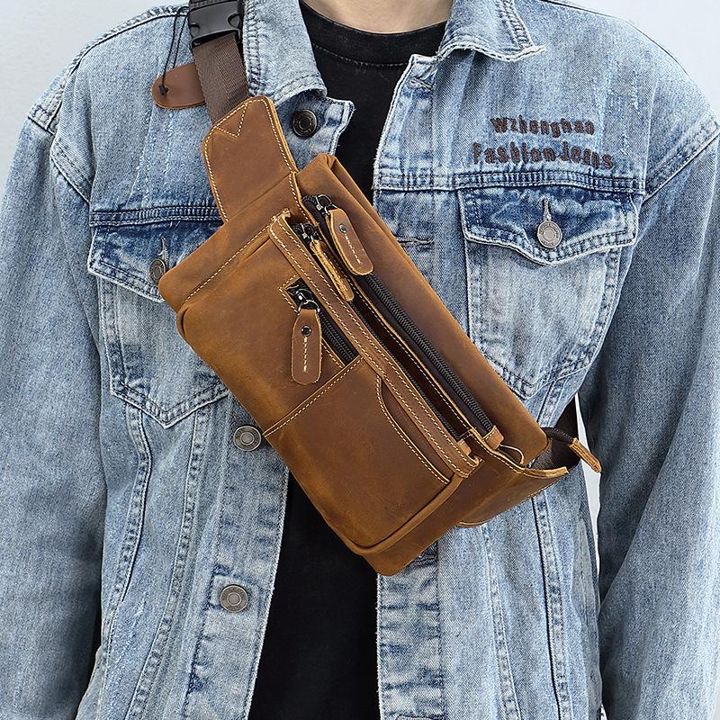 

New Chest Bag, Retro Men s Bag, Leather Waist Bag, Outdoor Sports Small Bag, Cowhide Shoulder Bag, Motorcycle Bag, Multifunctional коричневый