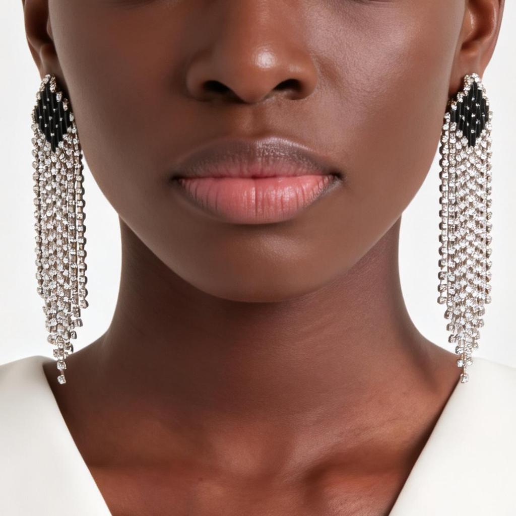 Silver Needle Luxury Zircon Rhinestone Tassel Earrings - Diamond-shaped Niche Studs for High-End Style