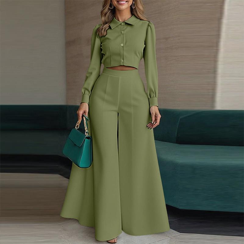 

ZANZEA Женский кроп-топ с длинным рукавом и брюки с широкими штанинами, повседневный костюм-двойка S