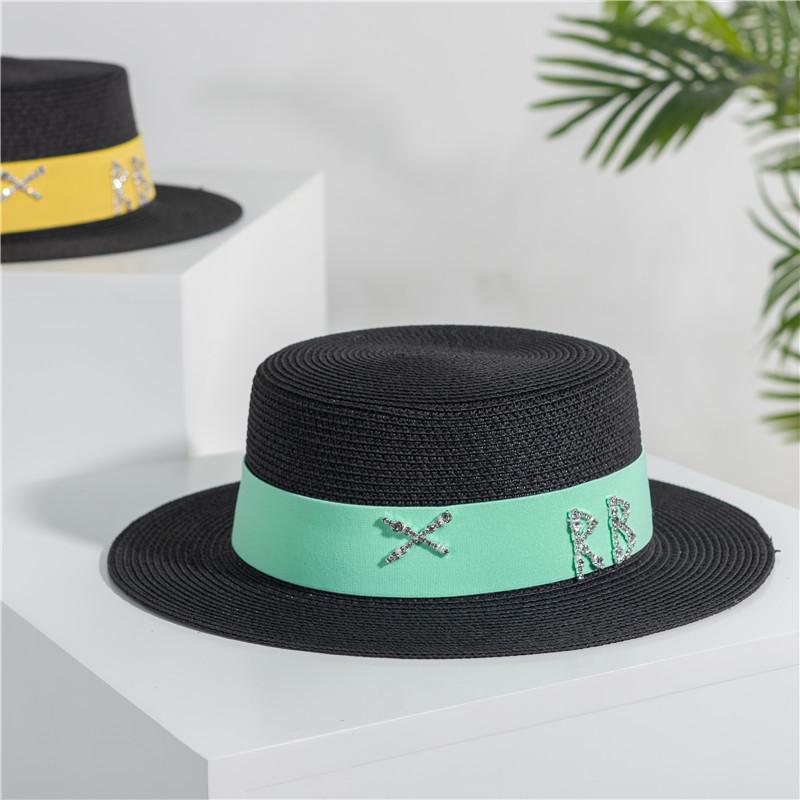 2022 new rhinestone RB letter flat top hat sunscreen black and white straw hat top hat holiday straw hat